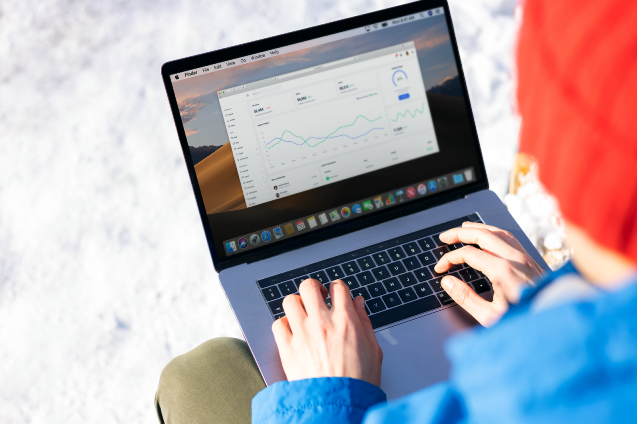 Person in a blue jacket reviewing analytics on a laptop outdoors in winter